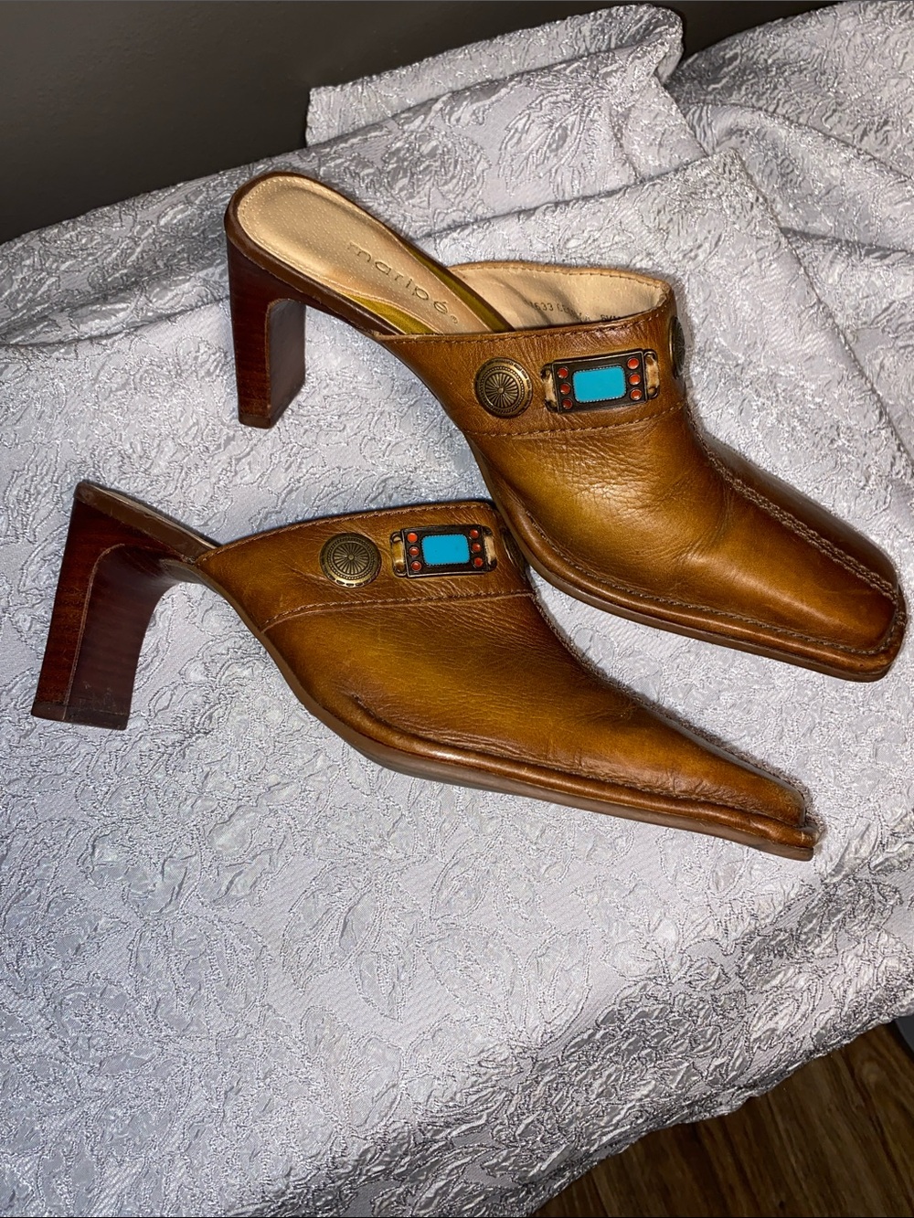 Maripe Italian Brown Leather Mule Heels 6.5 with Turquoise and Gold Accents